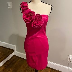 Pink One Shoulder Rose Detail Dress